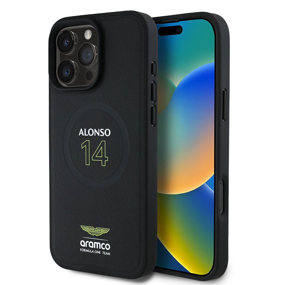 iPhone 16 Pro Kılıf Aston Martin Orjinal Lisanslı M-safe Şarj Özellikli PU Deri Alonso 14 Baskılı Kapak