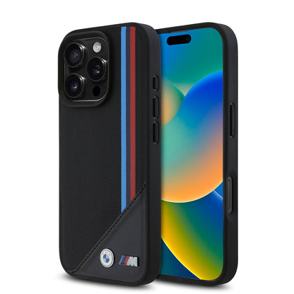 iPhone 16 Pro Kılıf BMW Orjinal Lisanslı M-safe Şarj Özellikli M Logolu Üç Çizgili Dikiş Detaylı Meshed Tricolor Stripes Kapak