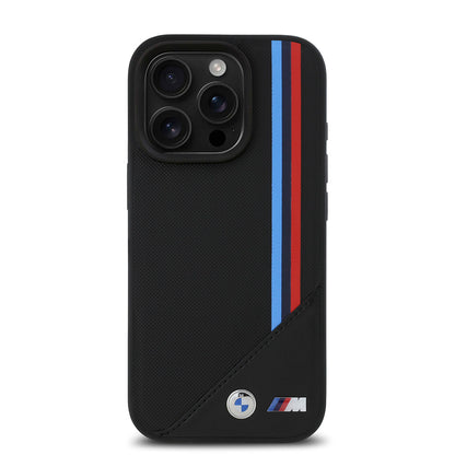 iPhone 16 Pro Kılıf BMW Orjinal Lisanslı M-safe Şarj Özellikli M Logolu Üç Çizgili Dikiş Detaylı Meshed Tricolor Stripes Kapak