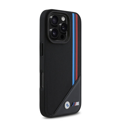 iPhone 16 Pro Kılıf BMW Orjinal Lisanslı M-safe Şarj Özellikli M Logolu Üç Çizgili Dikiş Detaylı Meshed Tricolor Stripes Kapak