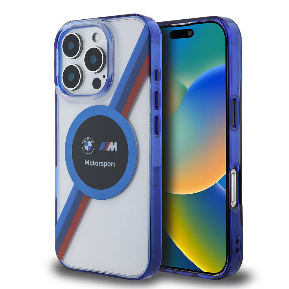 iPhone 16 Pro Kılıf BMW Orjinal Lisanslı M-safe Şarj Özellikli M Logolu Üç Renk Çizgili Motorsport Circle Kapak