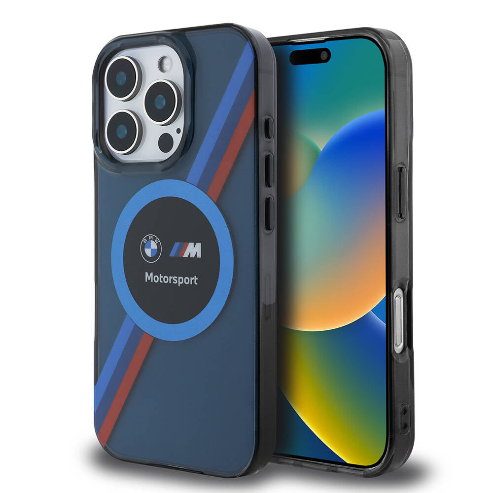 iPhone 16 Pro Kılıf BMW Orjinal Lisanslı M-safe Şarj Özellikli M Logolu Üç Renk Çizgili Motorsport Circle Kapak