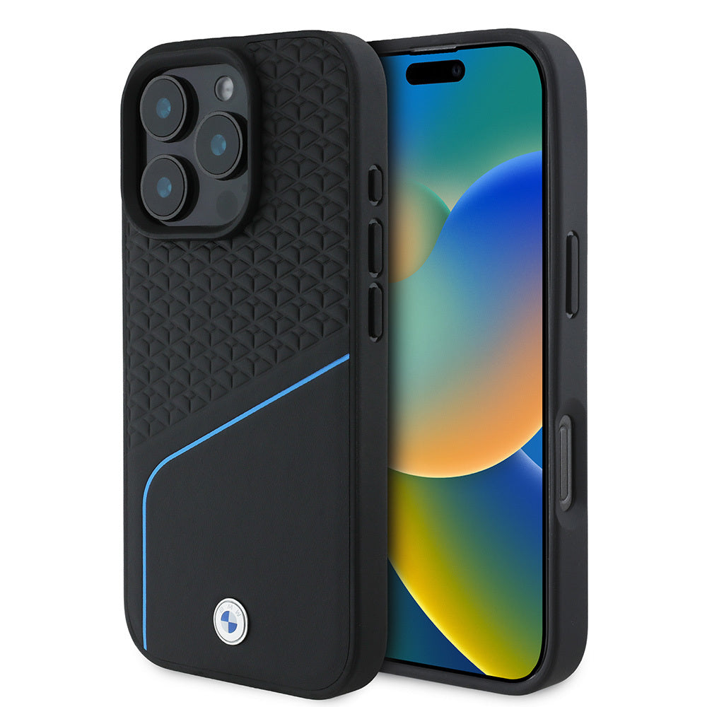 iPhone 16 Pro Kılıf BMW Orjinal Lisanslı M-safe Şarj Özellikli Metal Logolu Dokulu ve Çizgili Deri Kapak