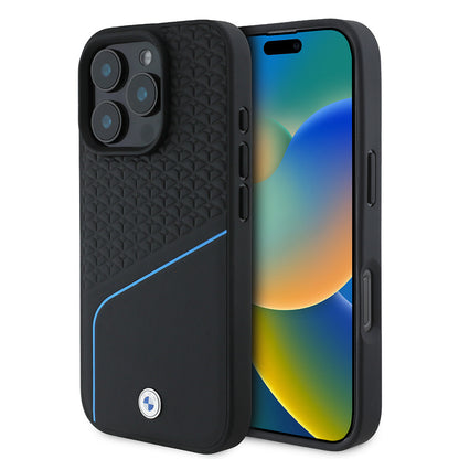 iPhone 16 Pro Kılıf BMW Orjinal Lisanslı M-safe Şarj Özellikli Metal Logolu Dokulu ve Çizgili Deri Kapak