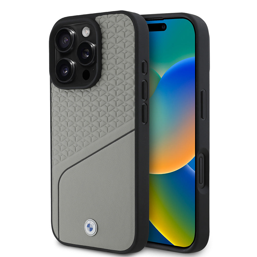 iPhone 16 Pro Kılıf BMW Orjinal Lisanslı M-safe Şarj Özellikli Metal Logolu Dokulu ve Çizgili Deri Kapak