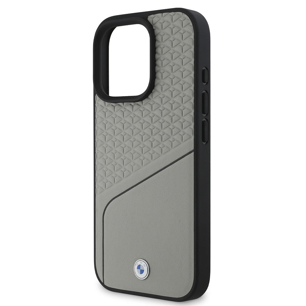 iPhone 16 Pro Kılıf BMW Orjinal Lisanslı M-safe Şarj Özellikli Metal Logolu Dokulu ve Çizgili Deri Kapak