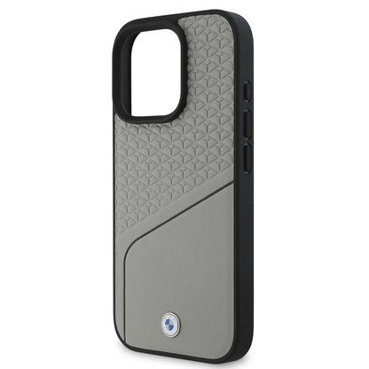 iPhone 16 Pro Kılıf BMW Orjinal Lisanslı M-safe Şarj Özellikli Metal Logolu Dokulu ve Çizgili Deri Kapak