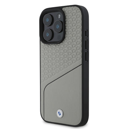 iPhone 16 Pro Kılıf BMW Orjinal Lisanslı M-safe Şarj Özellikli Metal Logolu Dokulu ve Çizgili Deri Kapak