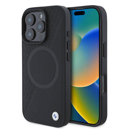 iPhone 16 Pro Kılıf BMW Orjinal Lisanslı M-safe Şarj Özellikli Metal Logolu Yarım Dokulu Circle Deri Kapak