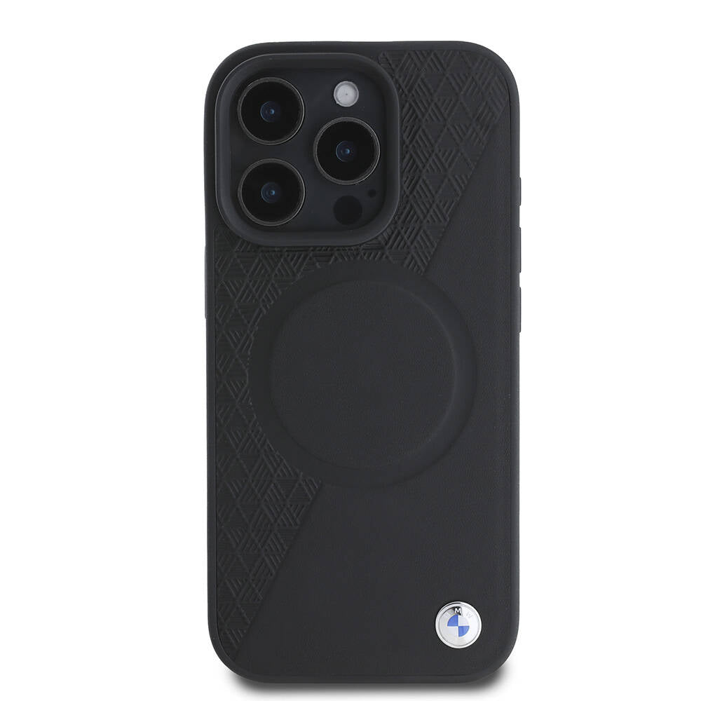 iPhone 16 Pro Kılıf BMW Orjinal Lisanslı M-safe Şarj Özellikli Metal Logolu Yarım Dokulu Circle Deri Kapak