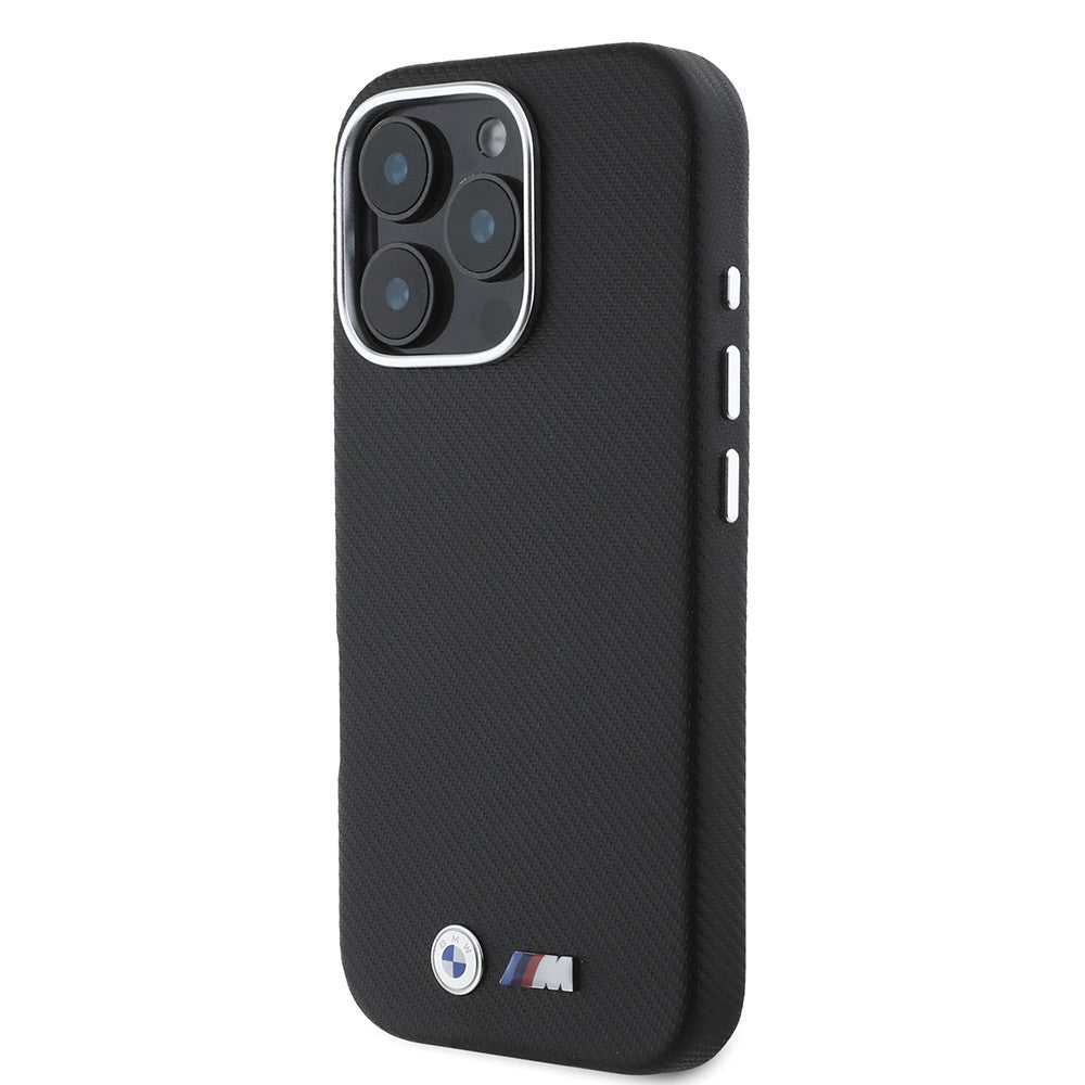 iPhone 16 Pro Kılıf BMW Orjinal Lisanslı Tam Sarılmış Kevlar Tasarımlı Metal Logo Suni Deri Kapak