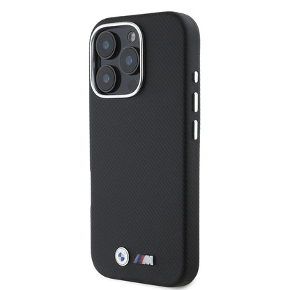 iPhone 16 Pro Kılıf BMW Orjinal Lisanslı Tam Sarılmış Kevlar Tasarımlı Metal Logo Suni Deri Kapak