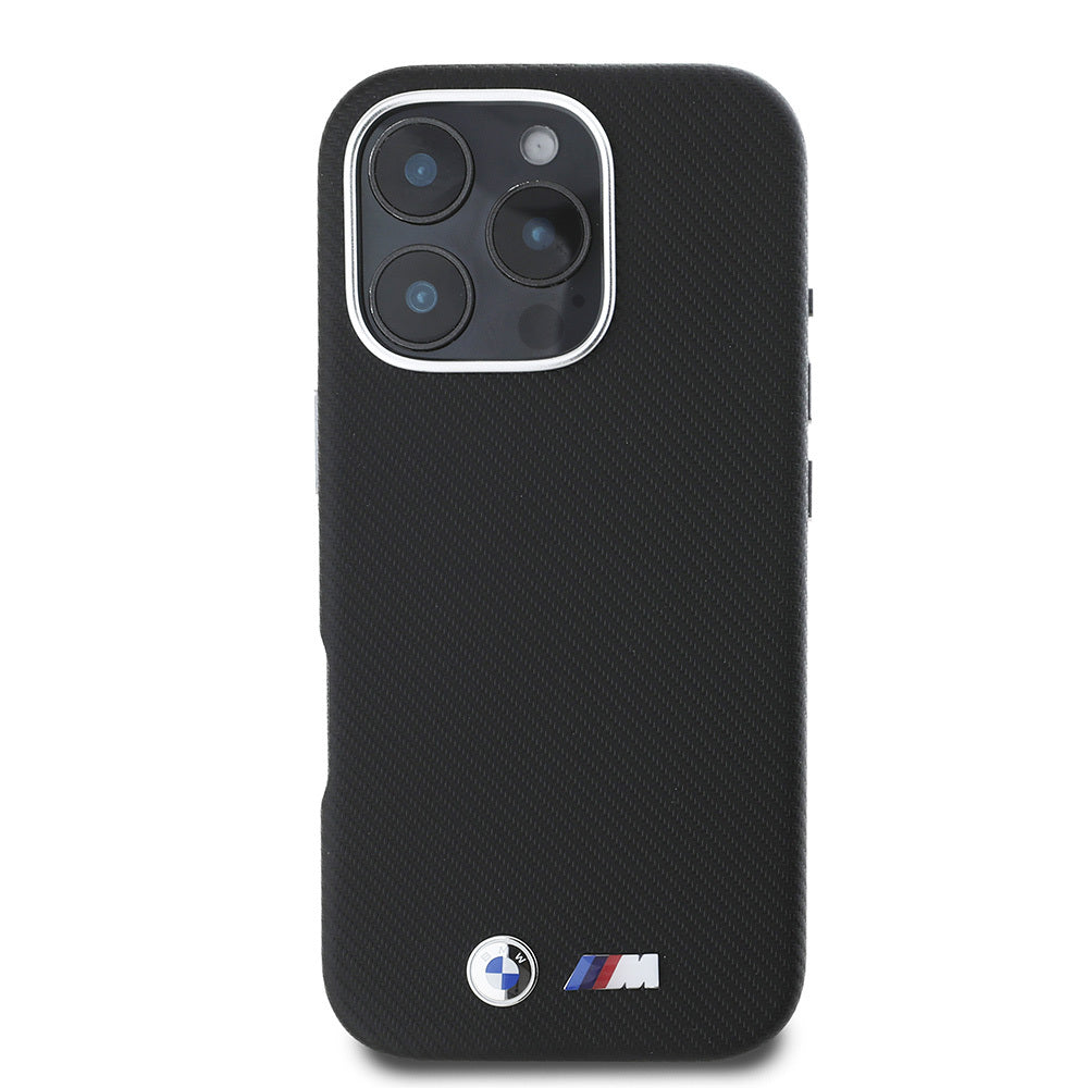 iPhone 16 Pro Kılıf BMW Orjinal Lisanslı Tam Sarılmış Kevlar Tasarımlı Metal Logo Suni Deri Kapak