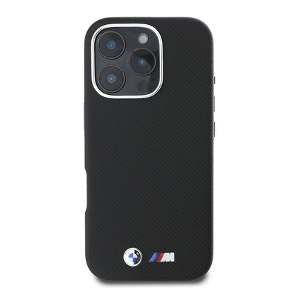 iPhone 16 Pro Kılıf BMW Orjinal Lisanslı Tam Sarılmış Kevlar Tasarımlı Metal Logo Suni Deri Kapak