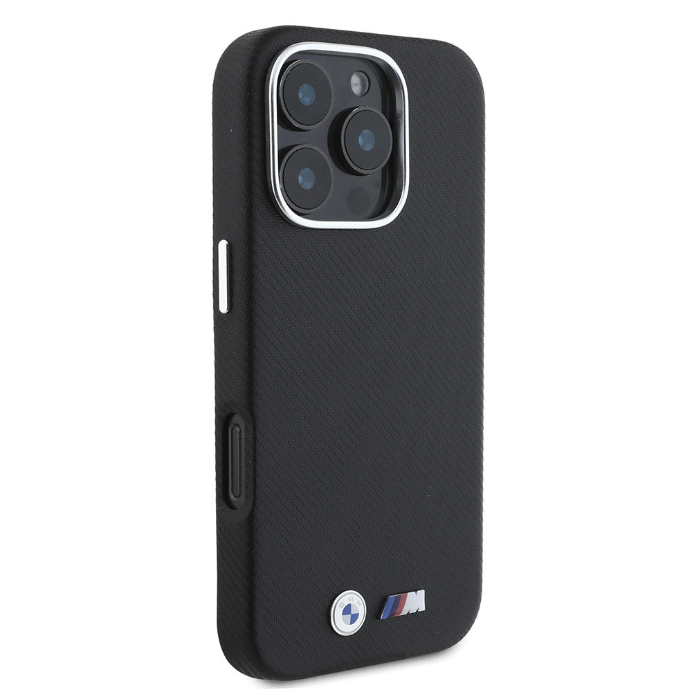 iPhone 16 Pro Kılıf BMW Orjinal Lisanslı Tam Sarılmış Kevlar Tasarımlı Metal Logo Suni Deri Kapak