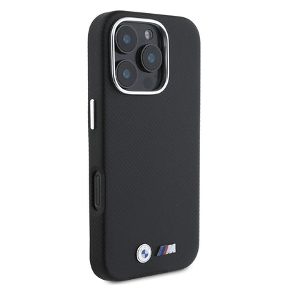 iPhone 16 Pro Kılıf BMW Orjinal Lisanslı Tam Sarılmış Kevlar Tasarımlı Metal Logo Suni Deri Kapak