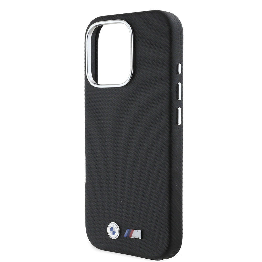 iPhone 16 Pro Kılıf BMW Orjinal Lisanslı Tam Sarılmış Kevlar Tasarımlı Metal Logo Suni Deri Kapak