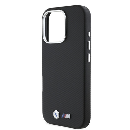 iPhone 16 Pro Kılıf BMW Orjinal Lisanslı Tam Sarılmış Kevlar Tasarımlı Metal Logo Suni Deri Kapak