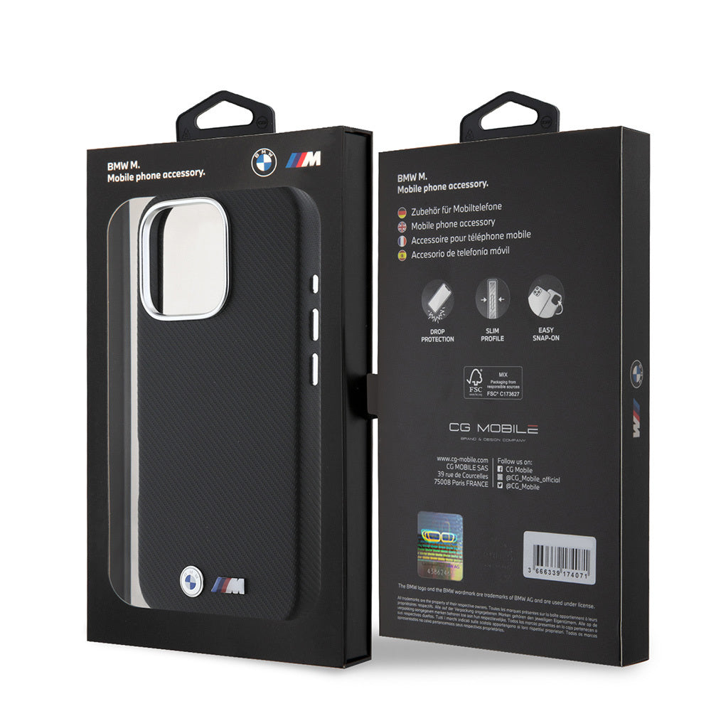iPhone 16 Pro Kılıf BMW Orjinal Lisanslı Tam Sarılmış Kevlar Tasarımlı Metal Logo Suni Deri Kapak