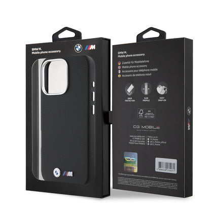 iPhone 16 Pro Kılıf BMW Orjinal Lisanslı Tam Sarılmış Kevlar Tasarımlı Metal Logo Suni Deri Kapak