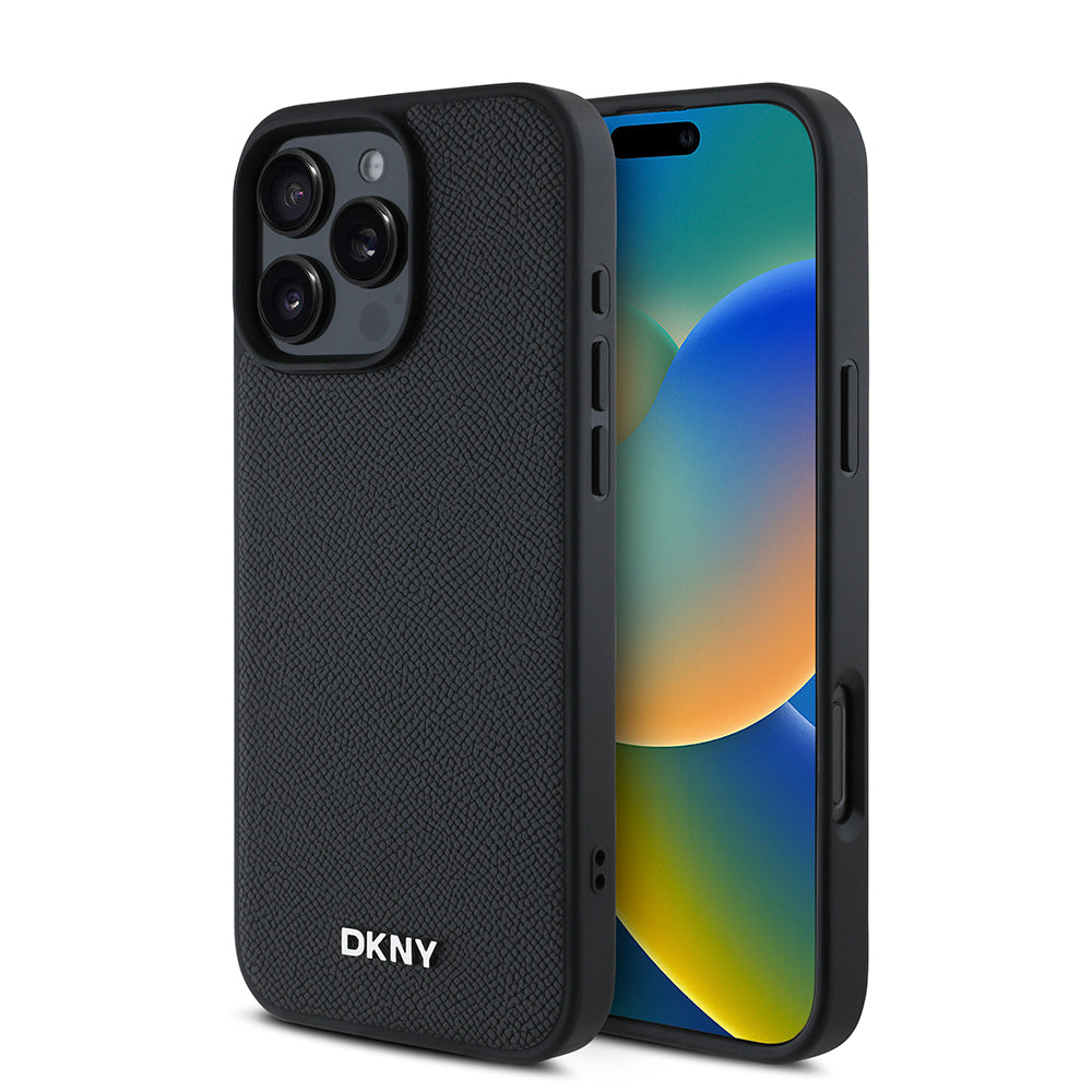 iPhone 16 Pro Kılıf DKNY Orjinal Lisanslı M-safe Şarj Özellikli Metal Logolu PU Deri Grained Kapak