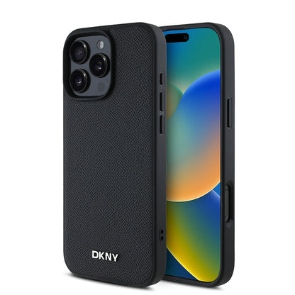 iPhone 16 Pro Kılıf DKNY Orjinal Lisanslı M-safe Şarj Özellikli Metal Logolu PU Deri Grained Kapak