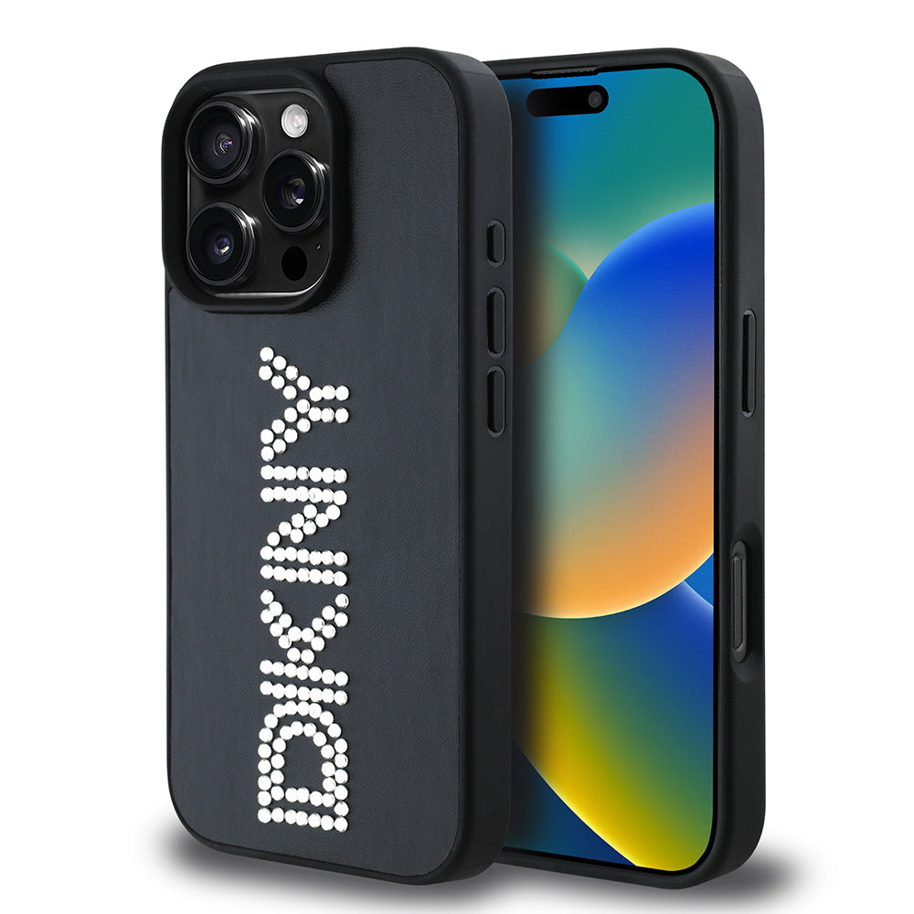 iPhone 16 Pro Kılıf DKNY Orjinal Lisanslı Taşlı DKNY Yazılı Metalik Rhinestones PU Deri Kapak