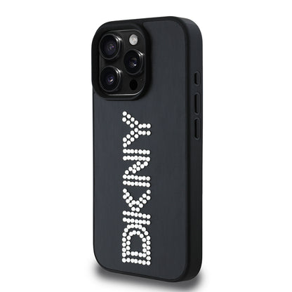 iPhone 16 Pro Kılıf DKNY Orjinal Lisanslı Taşlı DKNY Yazılı Metalik Rhinestones PU Deri Kapak