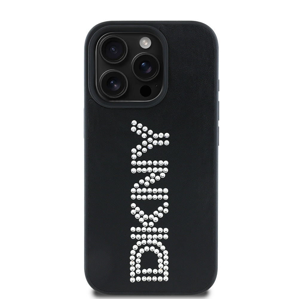 iPhone 16 Pro Kılıf DKNY Orjinal Lisanslı Taşlı DKNY Yazılı Metalik Rhinestones PU Deri Kapak