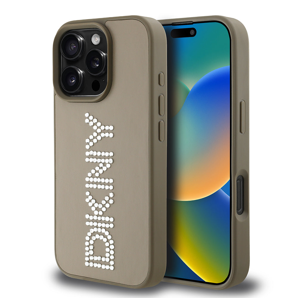 iPhone 16 Pro Kılıf DKNY Orjinal Lisanslı Taşlı DKNY Yazılı Metalik Rhinestones PU Deri Kapak