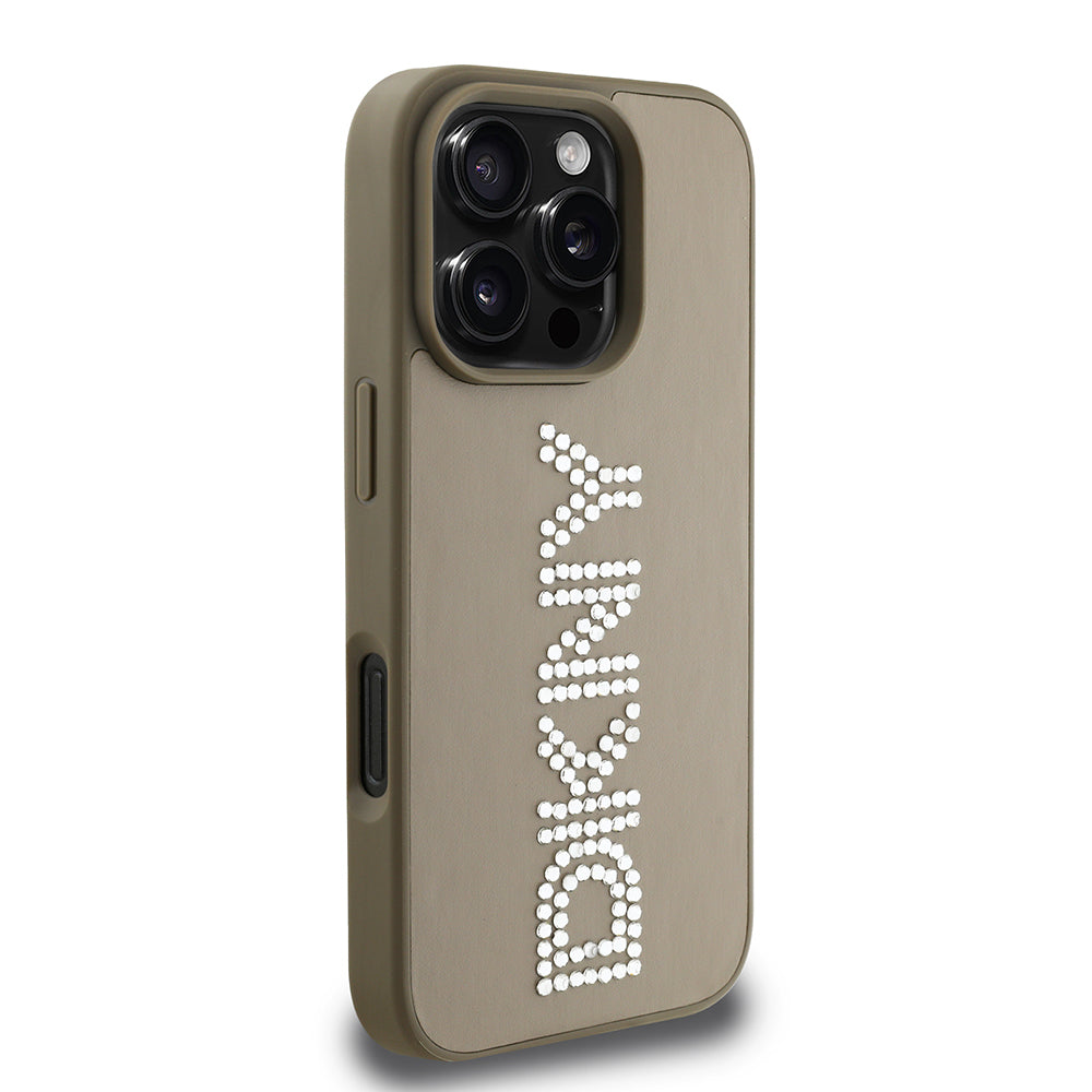 iPhone 16 Pro Kılıf DKNY Orjinal Lisanslı Taşlı DKNY Yazılı Metalik Rhinestones PU Deri Kapak