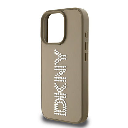 iPhone 16 Pro Kılıf DKNY Orjinal Lisanslı Taşlı DKNY Yazılı Metalik Rhinestones PU Deri Kapak