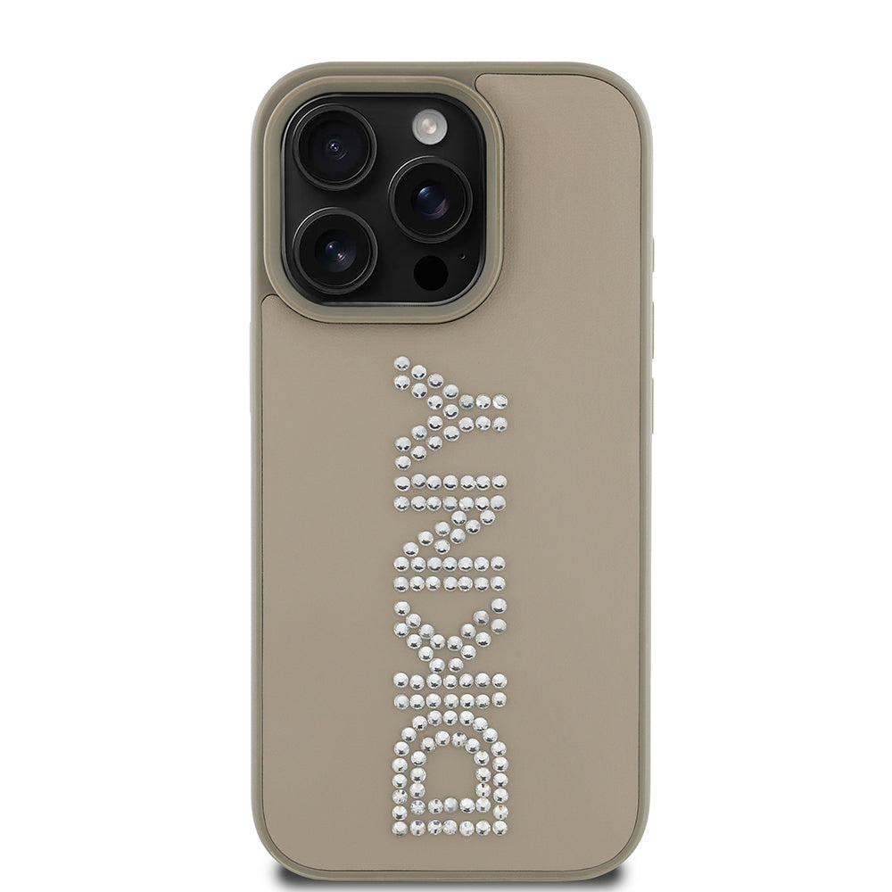 iPhone 16 Pro Kılıf DKNY Orjinal Lisanslı Taşlı DKNY Yazılı Metalik Rhinestones PU Deri Kapak