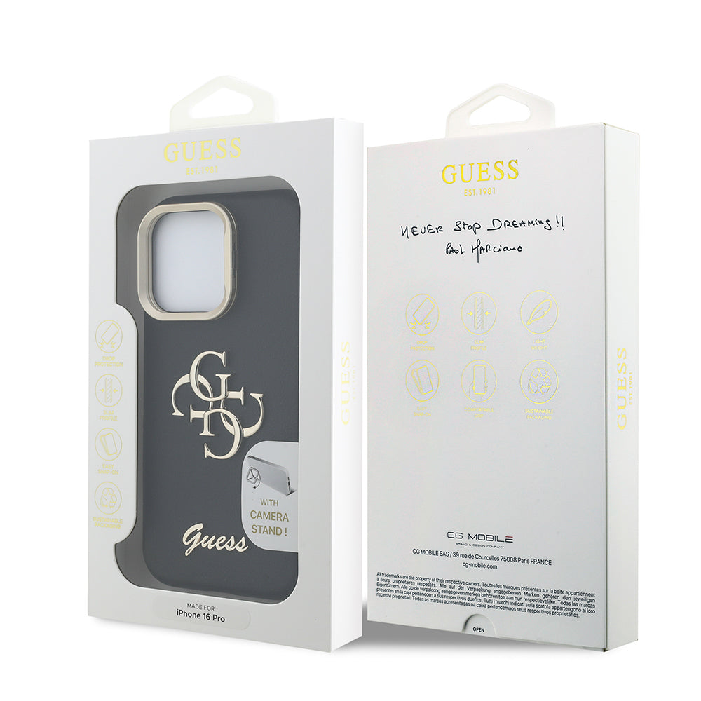iPhone 16 Pro Kılıf Guess Orjinal Lisanslı Grained Yazı Logolu Kamera Standlı Kapak