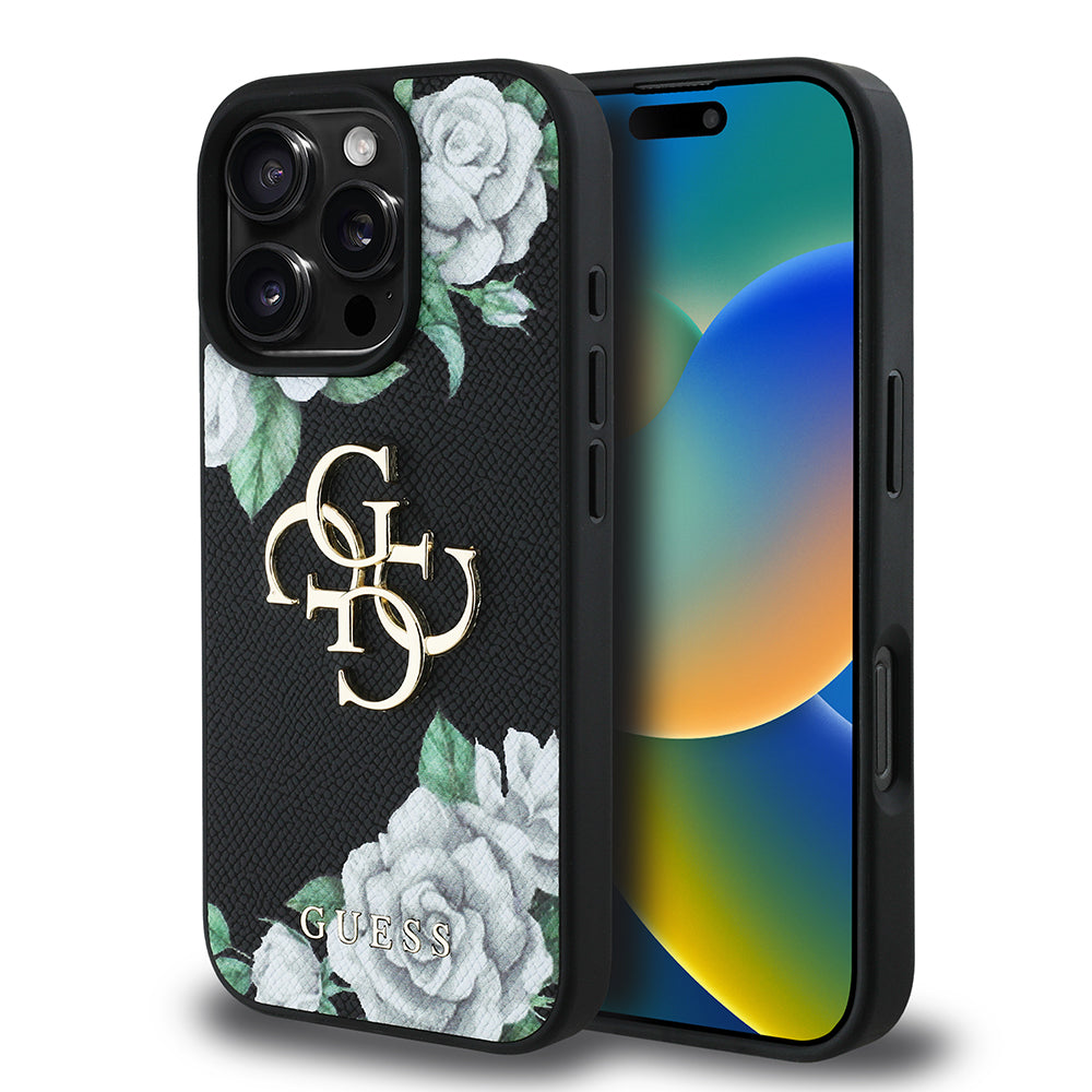 iPhone 16 Pro Kılıf Guess Orjinal Lisanslı Gül Baskılı Büyük Metal Logo Dizaynlı Kapak