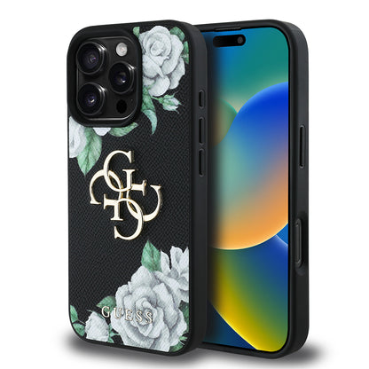 iPhone 16 Pro Kılıf Guess Orjinal Lisanslı Gül Baskılı Büyük Metal Logo Dizaynlı Kapak