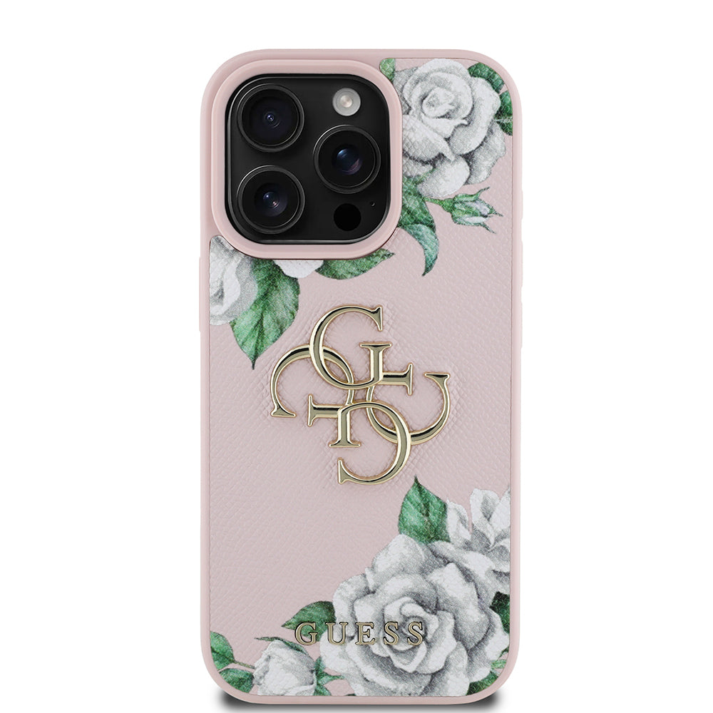 iPhone 16 Pro Kılıf Guess Orjinal Lisanslı Gül Baskılı Büyük Metal Logo Dizaynlı Kapak