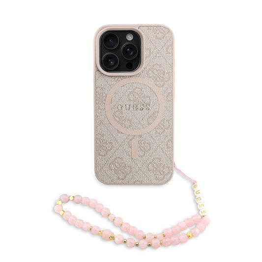 iPhone 16 Pro Kılıf Guess Orjinal Lisanslı M-safe Şarj Özellikli PU Deri Bilek Askı İpli Yazı Logolu Kapak