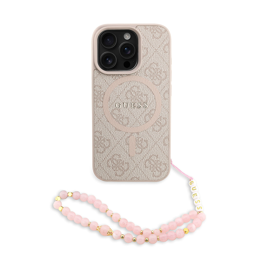 iPhone 16 Pro Kılıf Guess Orjinal Lisanslı M-safe Şarj Özellikli PU Deri Bilek Askı İpli Yazı Logolu Kapak