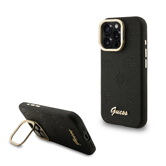 iPhone 16 Pro Kılıf Guess Orjinal Lisanslı M-safe Şarj Özellikli Sıcak Baskılı Yazı Logolu Kamera Standlı PU Deri Peony Kapak
