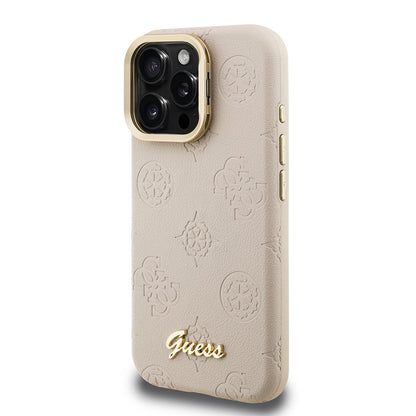 iPhone 16 Pro Kılıf Guess Orjinal Lisanslı M-safe Şarj Özellikli Sıcak Baskılı Yazı Logolu Kamera Standlı PU Deri Peony Kapak