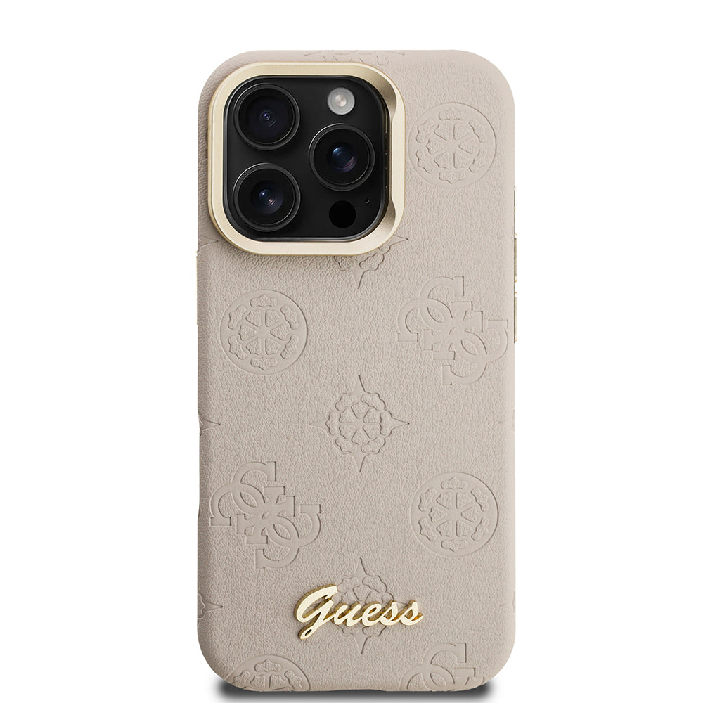 iPhone 16 Pro Kılıf Guess Orjinal Lisanslı M-safe Şarj Özellikli Sıcak Baskılı Yazı Logolu Kamera Standlı PU Deri Peony Kapak