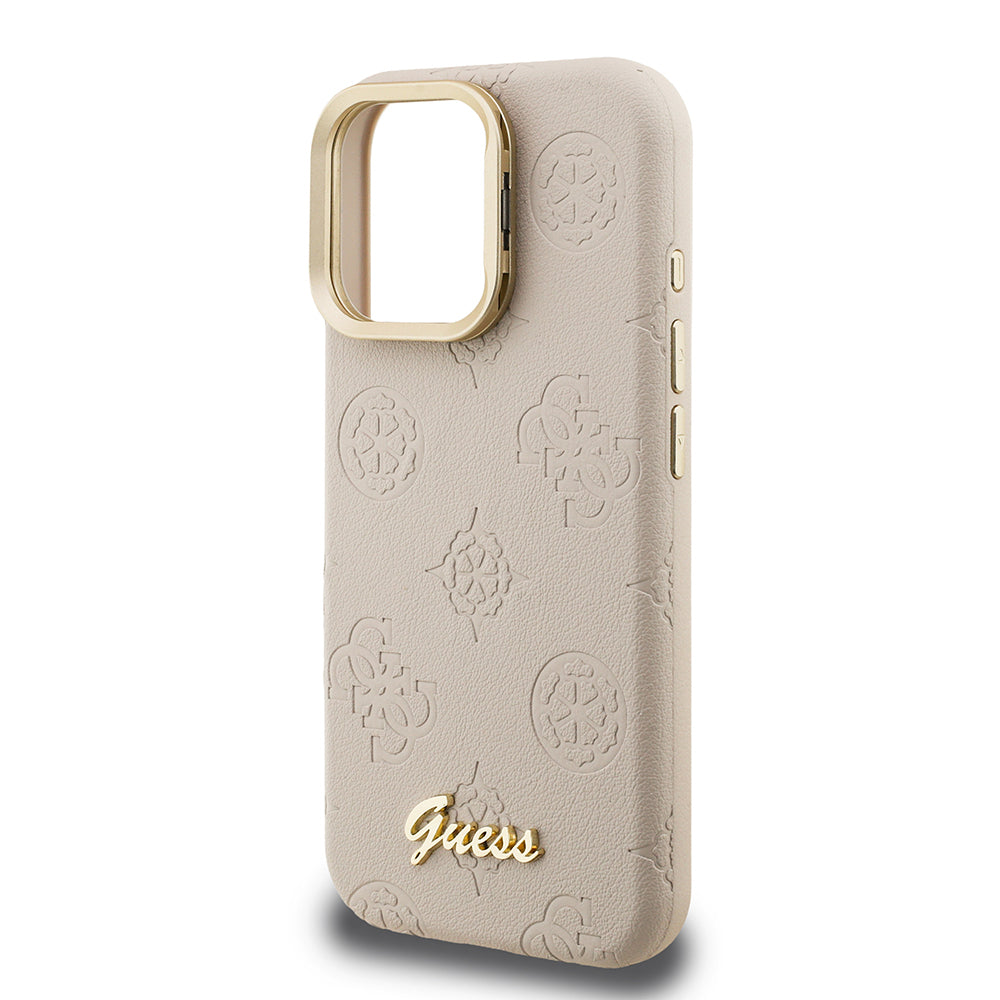 iPhone 16 Pro Kılıf Guess Orjinal Lisanslı M-safe Şarj Özellikli Sıcak Baskılı Yazı Logolu Kamera Standlı PU Deri Peony Kapak