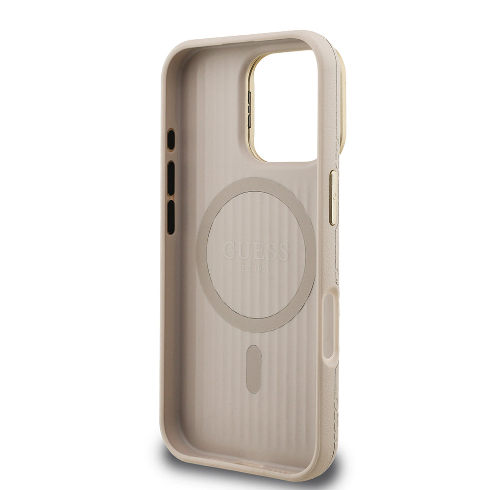 iPhone 16 Pro Kılıf Guess Orjinal Lisanslı M-safe Şarj Özellikli Sıcak Baskılı Yazı Logolu Kamera Standlı PU Deri Peony Kapak