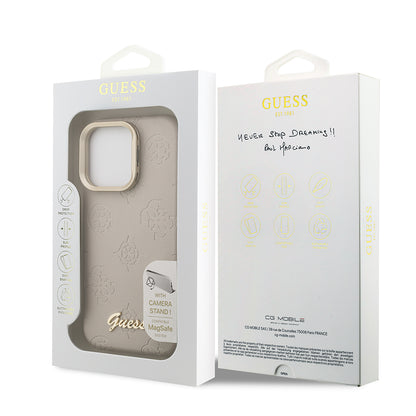 iPhone 16 Pro Kılıf Guess Orjinal Lisanslı M-safe Şarj Özellikli Sıcak Baskılı Yazı Logolu Kamera Standlı PU Deri Peony Kapak