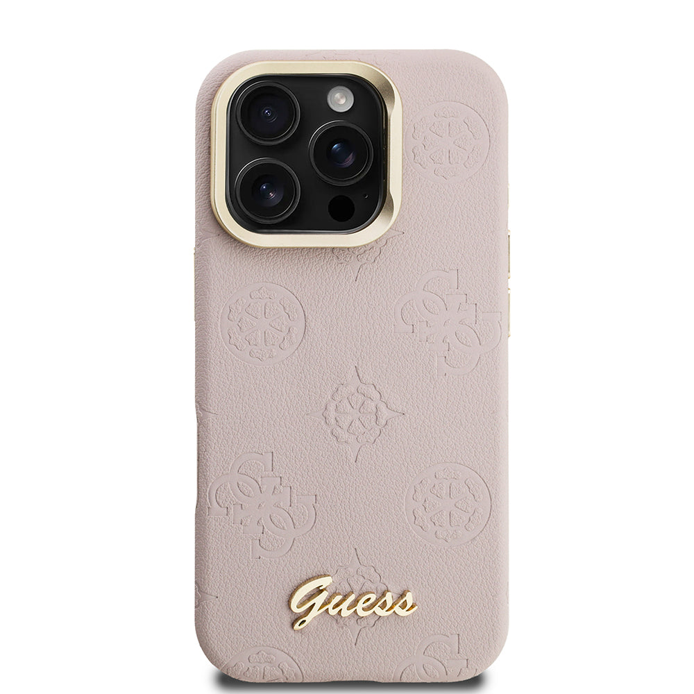 iPhone 16 Pro Kılıf Guess Orjinal Lisanslı M-safe Şarj Özellikli Sıcak Baskılı Yazı Logolu Kamera Standlı PU Deri Peony Kapak