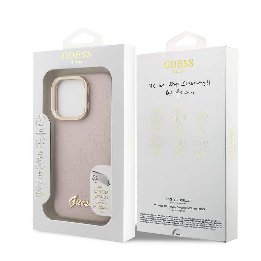 iPhone 16 Pro Kılıf Guess Orjinal Lisanslı M-safe Şarj Özellikli Sıcak Baskılı Yazı Logolu Kamera Standlı PU Deri Peony Kapak