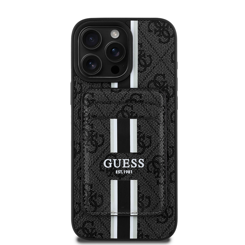 iPhone 16 Pro Kılıf Guess Orjinal Lisanslı M-safe Şarj Özellikli 4G Desenli Çizgili Kartlıklı Kapak