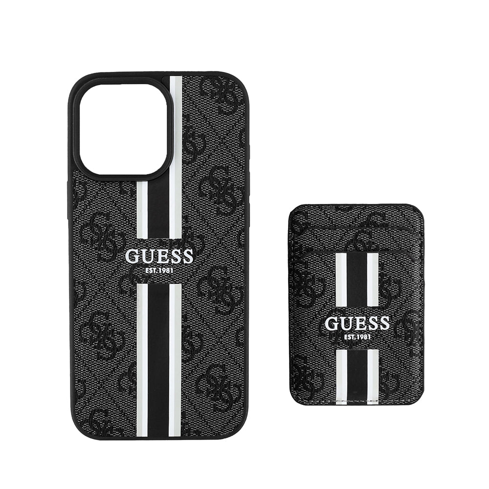 iPhone 16 Pro Kılıf Guess Orjinal Lisanslı M-safe Şarj Özellikli 4G Desenli Çizgili Kartlıklı Kapak