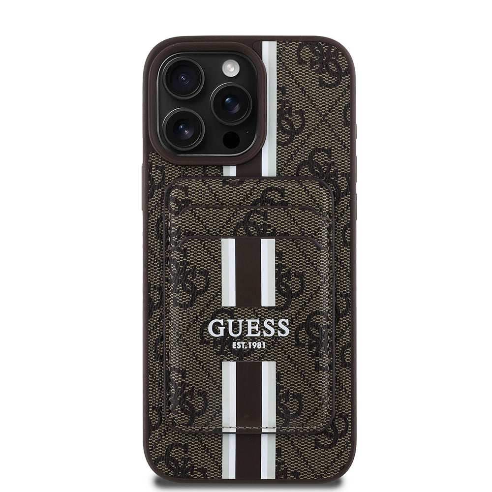 iPhone 16 Pro Kılıf Guess Orjinal Lisanslı M-safe Şarj Özellikli 4G Desenli Çizgili Kartlıklı Kapak
